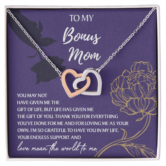 To My Bonus Mom/ Your Endless Support/ Interlocking Hearts Necklace