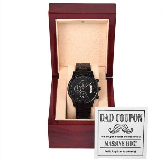 Dad coupon/ Massive hug/ Black chronograph watch