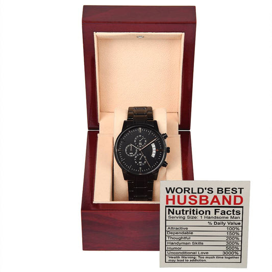 World's best husband/ Nutrition facts/ Black chronograph watch