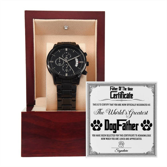 Father of the year certificate/ Black chronograph watch