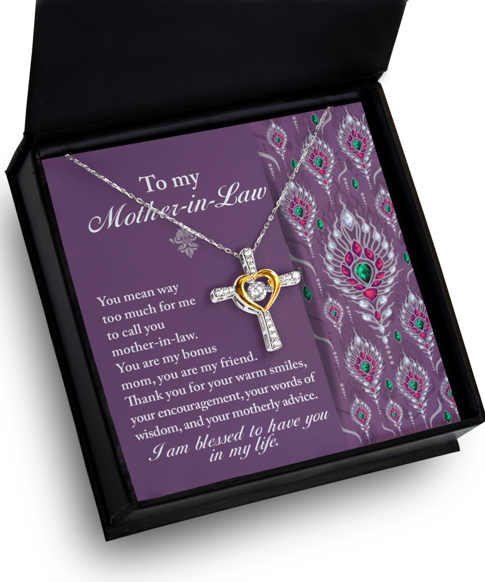 To My Mother-in-Law/ You Are My Bonus Mom/ Cross Dancing Necklace